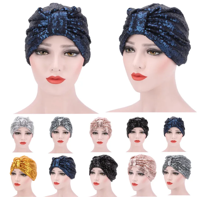 Donne musulmane Paillettes Volant Nodo di Cotone Turbante Cappello Sciarpa Cancro Chemio Berretti Copricapo Copricapo Copricapo Perdita di Capelli Accessori di Copertura