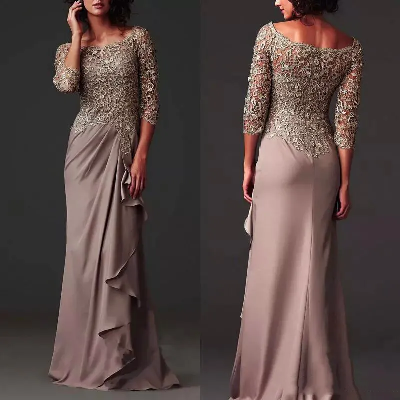 Elegant Chiffong Lace Evening Dresses Bridal Mother Formal Maxi Gowns Plus Storlek 3/4 Ärmar Fashion Prom Maxi Gäster Dusty Rosa Vinter Höst