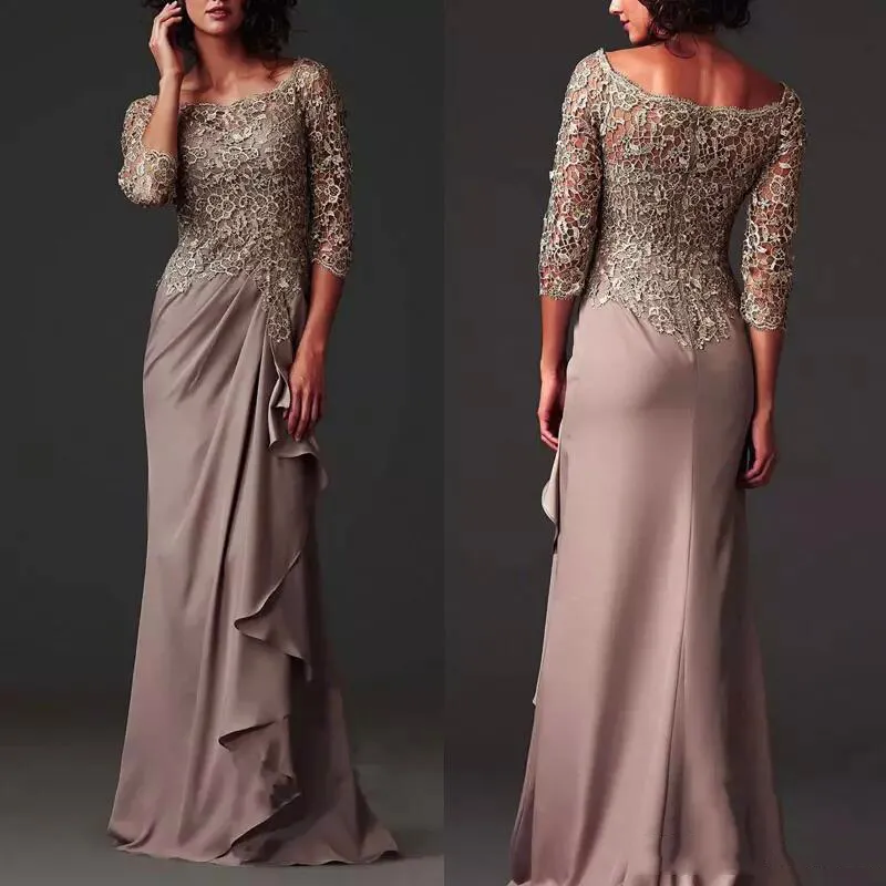 Abiti da sera eleganti in pizzo chiffon Abiti da sposa formali per la madre maxi Taglie forti Maniche a 3/4 Abiti da ballo di moda Maxi Abiti rosa polveroso Autunno inverno