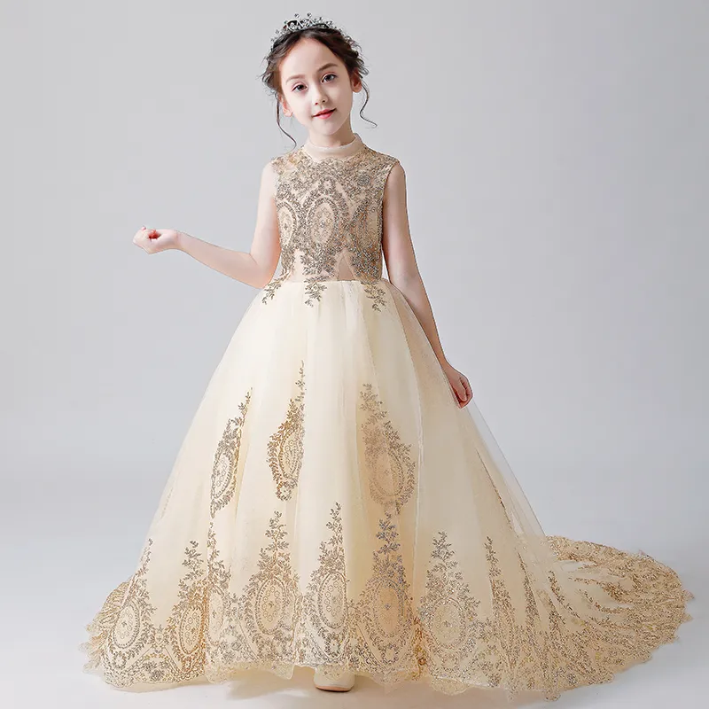 Elegant Long Trailing Gold Tulle Girl Pageant Dress Sequin First Communion Dress Baby Baptism Gowns Formal Flower Girl Dress for W310O