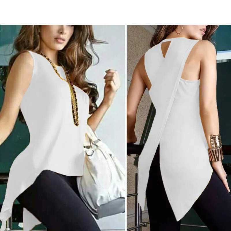 New Women Asymmetry O Neck Tank Top Summer Split Sleeveless Vest Blouse Ladies Fashion Long Irregular T Shirt Tops