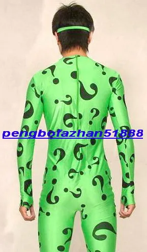 Green Lycra Spandex Riddler Catsuit Costume Unisex Problem Mark Body Suit temat Kostymer Halloween Party Cosplay Bodysuit P273276G