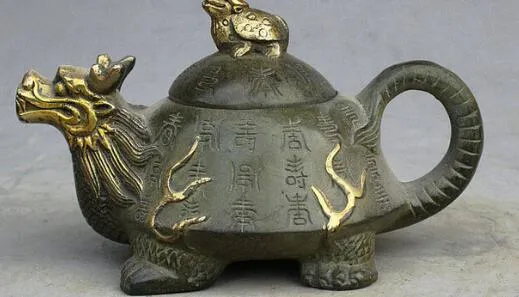 5 "Segnato Folk Cina Bronzo Dorato Drago Tartaruga Tartaruga Statua Teiere Vino Pot