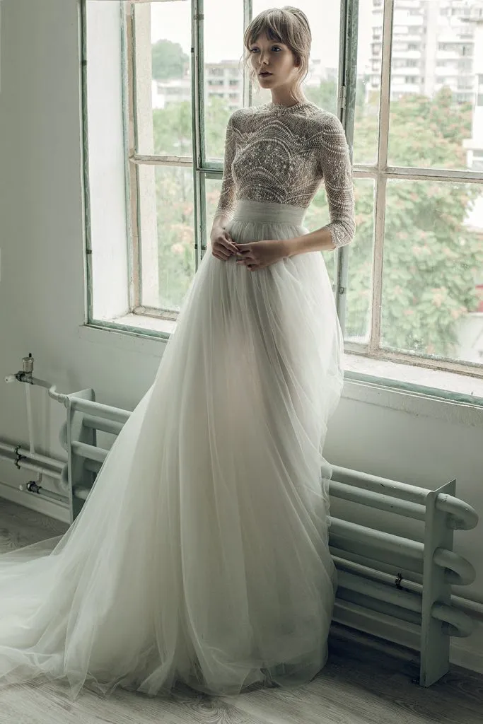 Ersa Atelier a line wedding with Jewel Neckline, Lace Beads, Pearls, and Sweep Train - Customizable Plus Size Bridal Gown for Beach Weddings