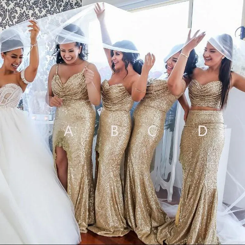 2021 Bling Sequin Mismatched Long Wedding Guest Bridesmaid Dresses Sweetheart Gold Sequins Sexiga Side Splite Party Gowns