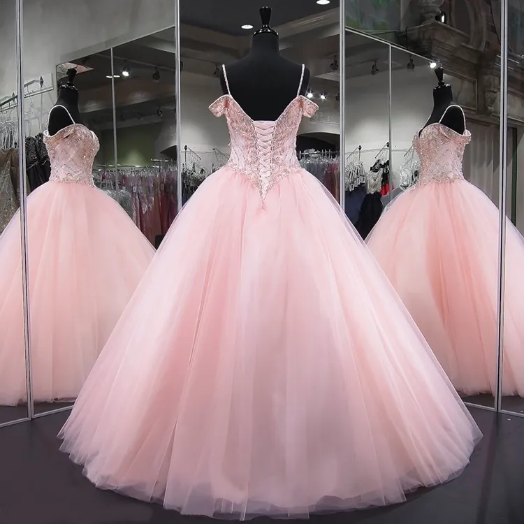 Pink Quinceanera Dresses 2021 Modest Masquerade Ball Gown Prom Dress Sweet 16 Girls Birthday Party Lace Up Off Shoulder Full Length