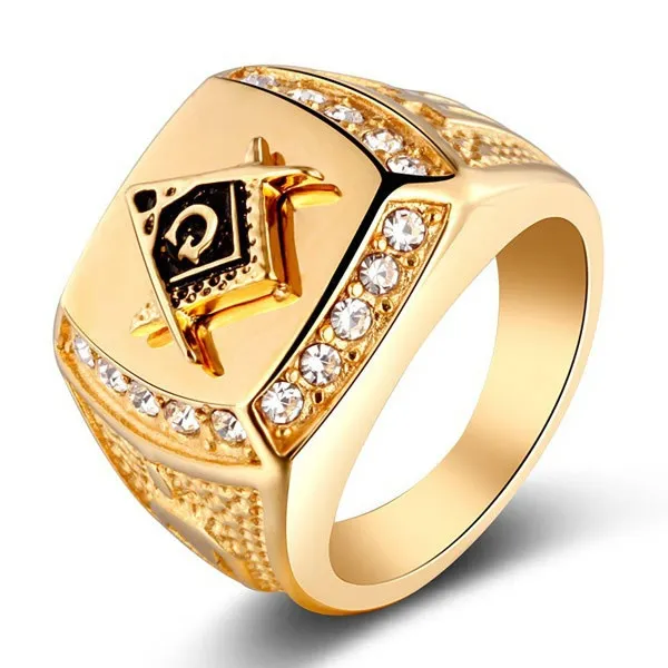 18K White Gold EP Masonic Freemason Ring – Black Enamel, Cubic Zirconia, Sizes 7-14