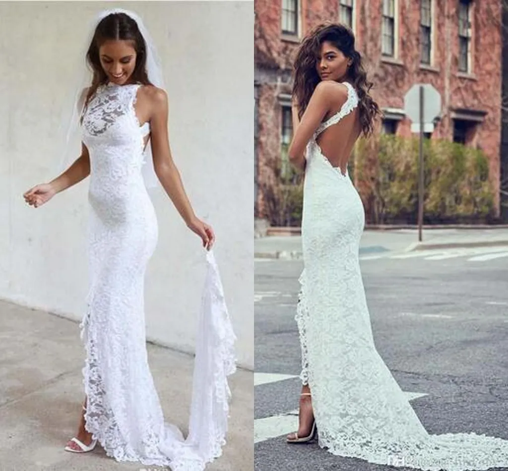 2019 Incroyable Salut Low Robes De Mariée Sirène Halter Top Romantique Dentelle Dos Ouvert Robe De Mariée Robes De Soirée De Mariage Pas Cher Sur Mesure