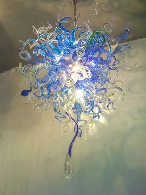 クリスタルブルーガラスシャンデリアライトLED電球スタイルの手吹きムラーノグラスアートシャンデリアホテルレストラン博物館