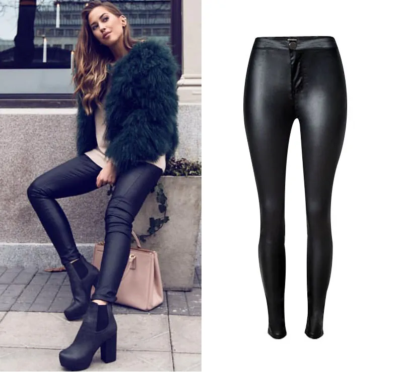 Pantalon en cuir PU pour femme Punk Motor Pantalon crayon skinny noir Tissu en denim enduit XXL Leggings super stretch grande taille