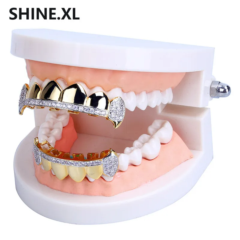 Hip Hop Grills Dentes Caps boca para fora congelado Micro Pave CZ Stone Superior e Inferior Tooth vampiro Grills Gift Set partido