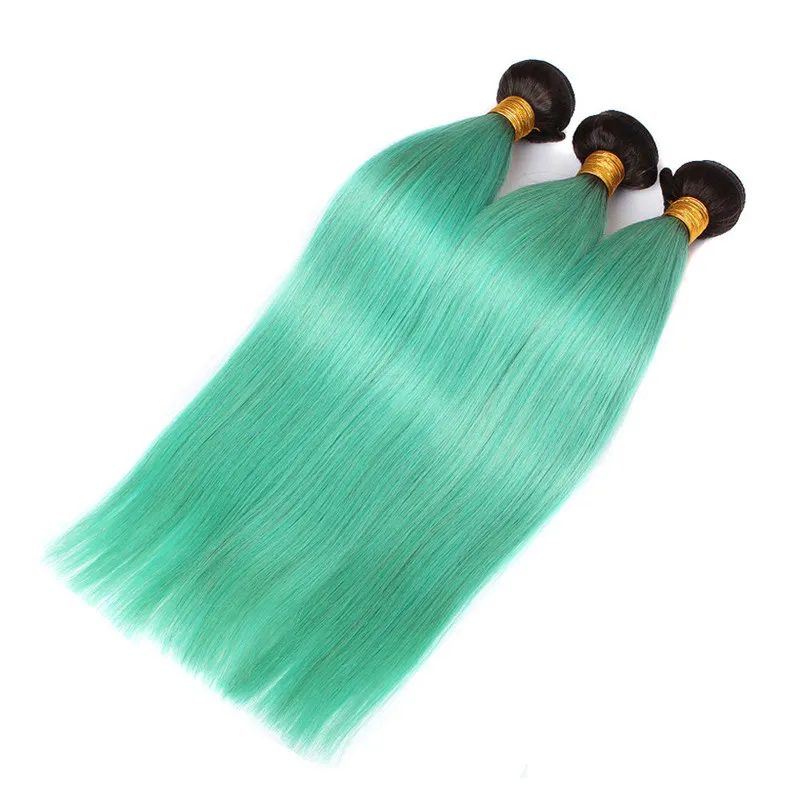 Ombre Light Green Virgin Menselijk Haar Weave Bundels met Sluiting Straight Menselijk Hair Extensions 1B / Green Ombre 4x4 Kantsluiting met weefsels