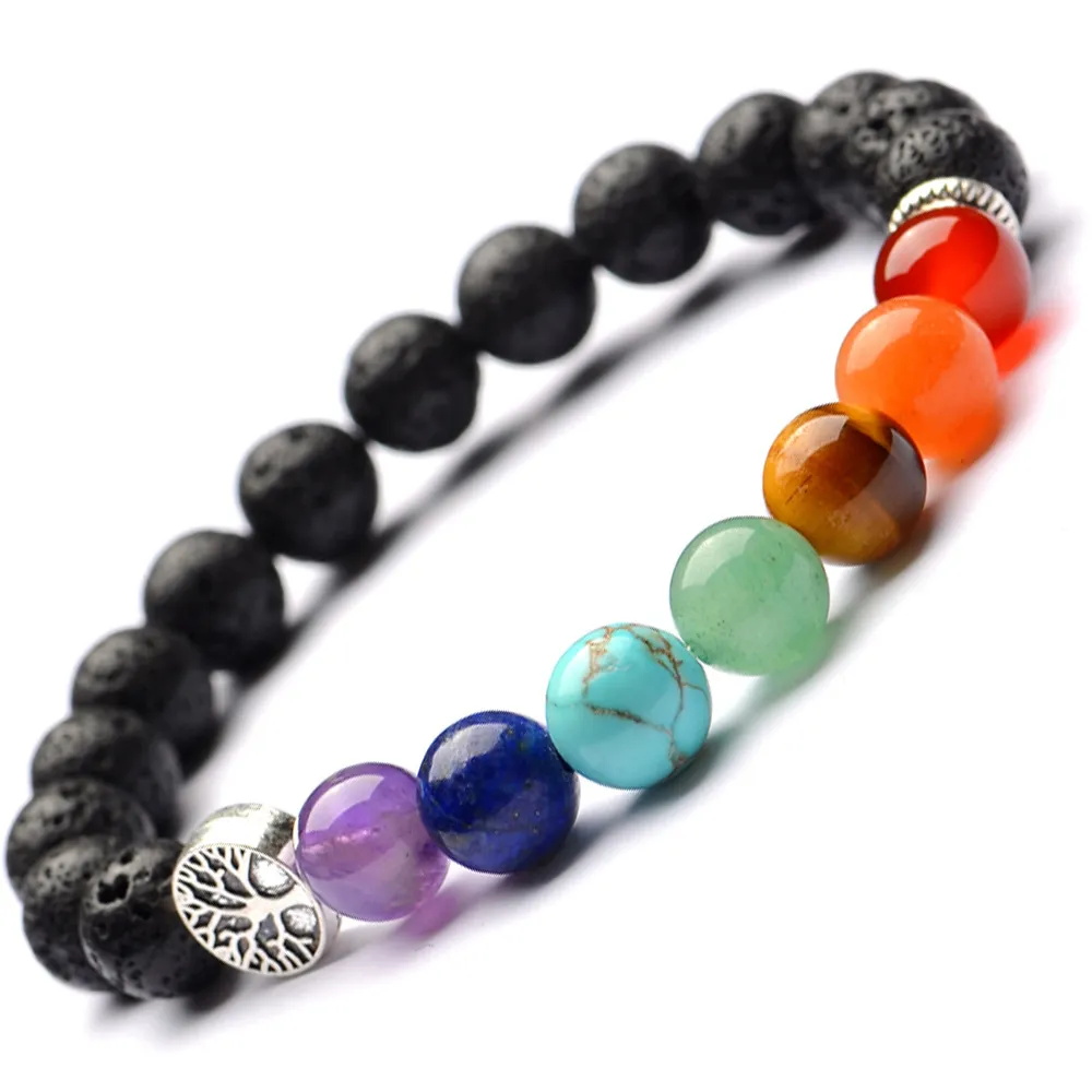 Multicolor 7 Chakra Round Tree of Life Charm Armband Lava Stones Beads Strand Armband Kvinnor Essential Oil Diffuser Armband