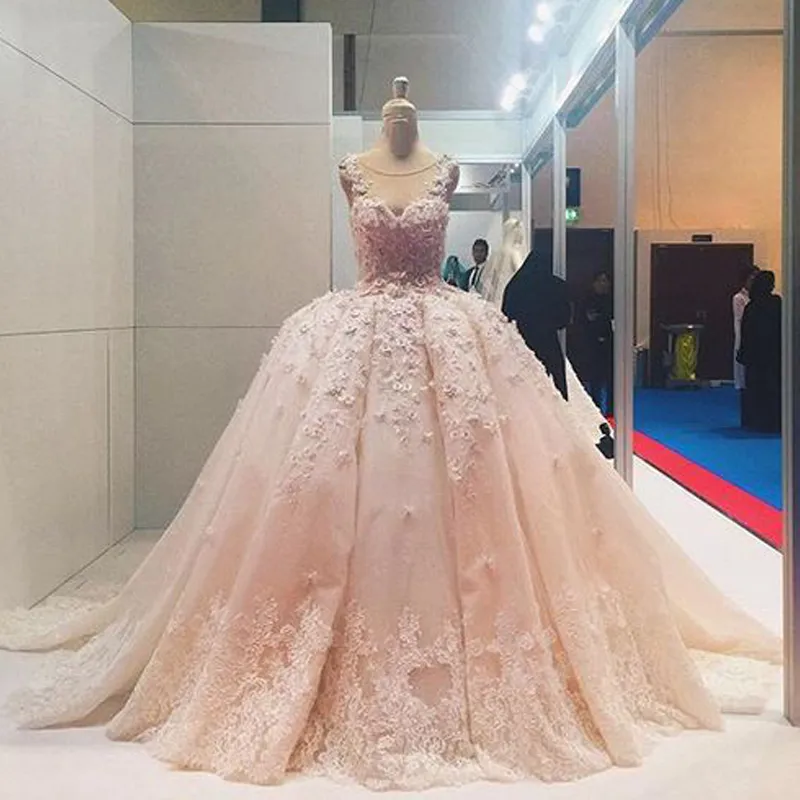 2019 robes de mariée robe de bal de luxe blush pure cou sans manches en dentelle appliques fleurs 3d couleurs personnalisées robes de mariée gonflées avec train