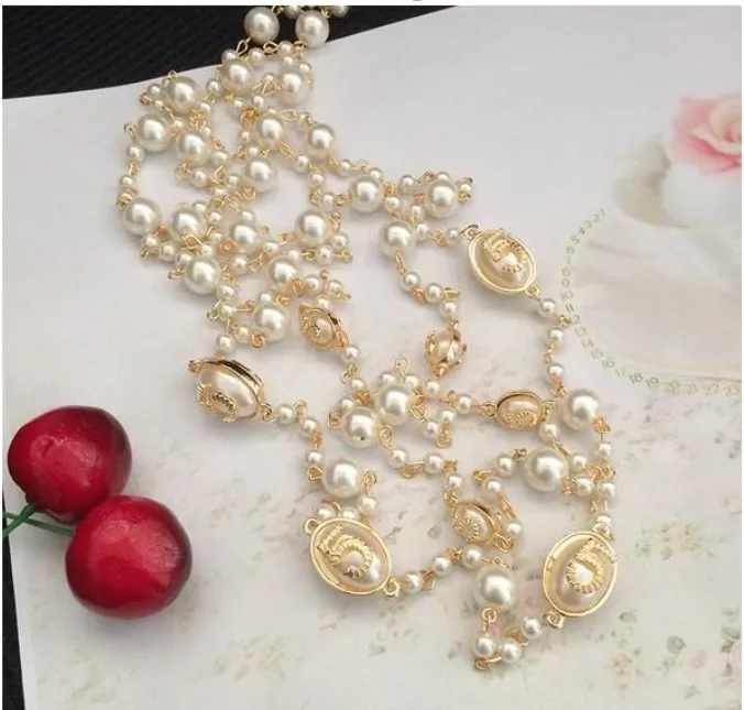 2016 Fashion Women Golden Chain Elegant Beaded Pearl Design Long Sweater Chain Stainlaces Strands/Strings Hishaft Gift