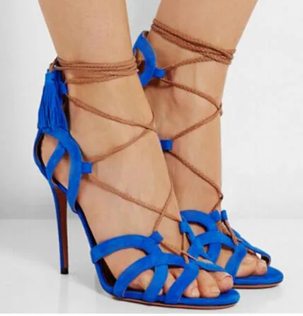 2018 Fashion Fringe Femmes Sandales Talons Hauts Bleu Tassel Cheville Tied Cut Out Gladiator Sandales Femmes Bottes Chaussures Femme Sandalias Mujer