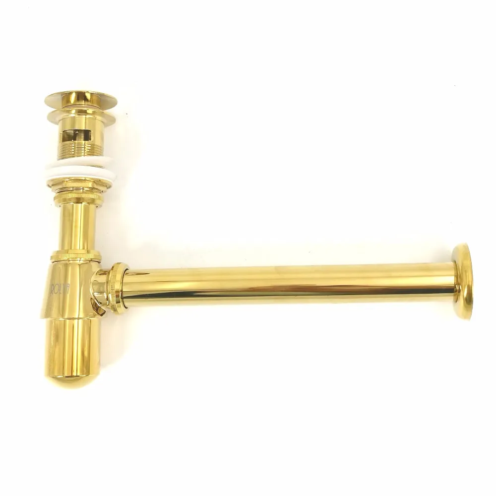 Rolya Wholesale New Arrival Solid Brass Round Golden Plate Bottle Trap Pop Up Gold Bathroom Vanity Sink Waste Drain P trap&Waste