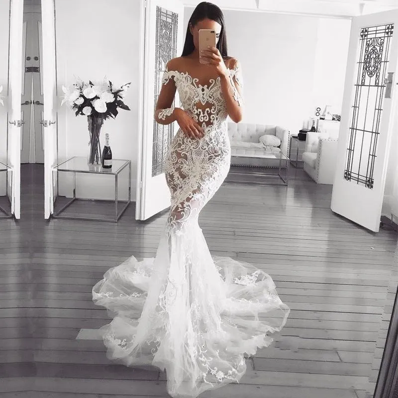 Economize muito em Vestido De Noiva De Sereia De Renda Elegante: Vestido De  Noiva De Apliques De Manga Longa, Corpete Puro, Perfeito Para Jardim,