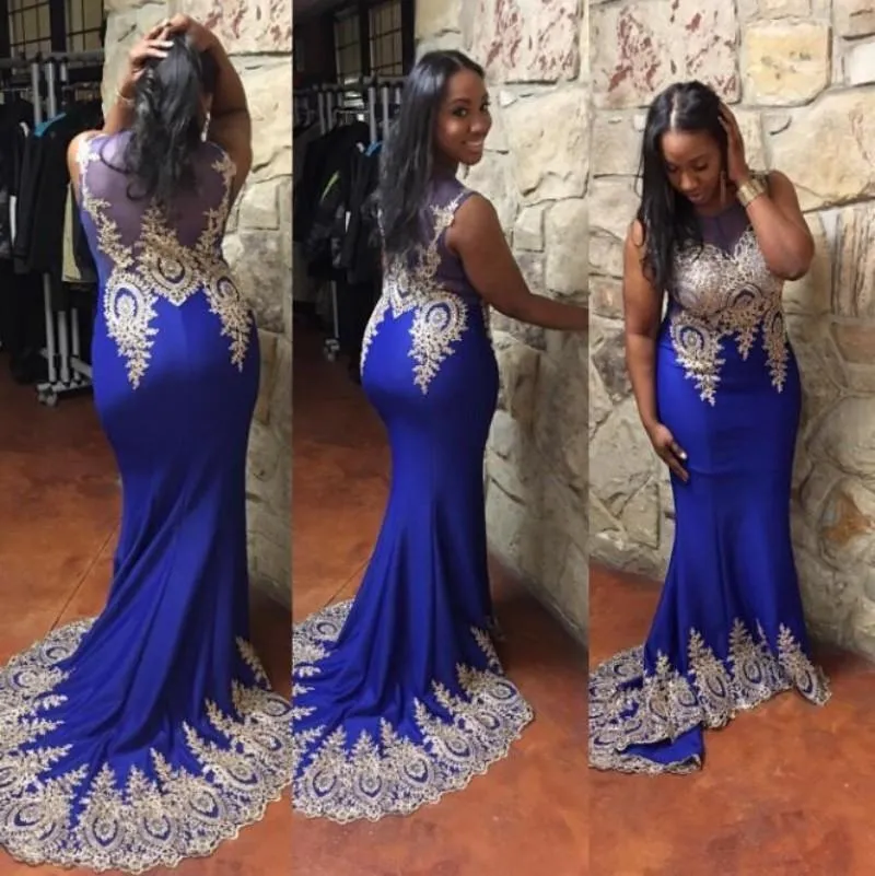 elegant black girls mermaid blue evening dresses sheer neck bottom gold appliques lace prom dress plus size african dresses evening wear