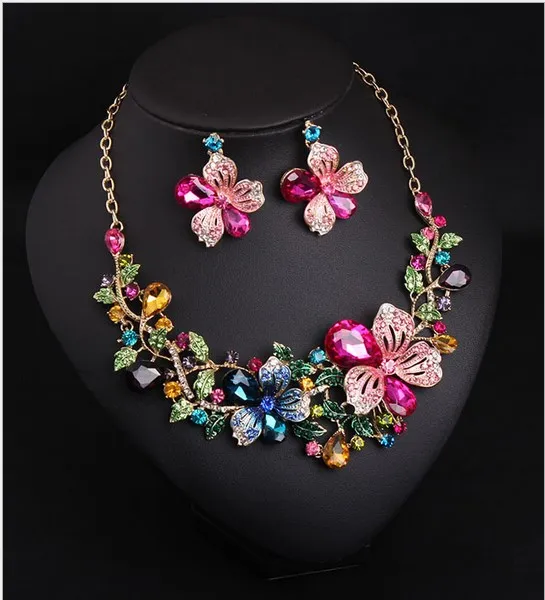 Exaggerated Flower Gemstone Ruby Eearring Necklace Set Short Clavicle Woman Bridal Jewelry Bib Statement Necklace Fashion Korean Accessories