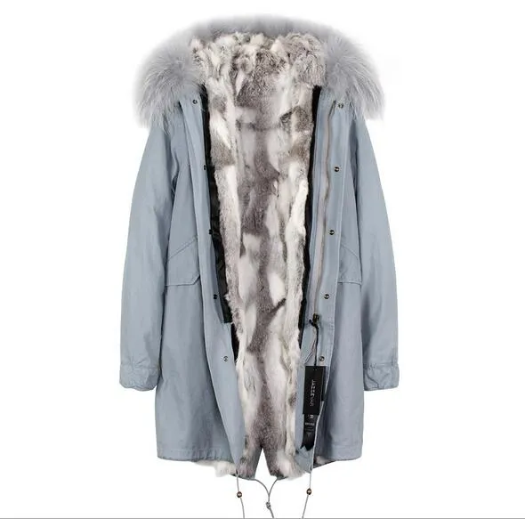 JAZZEVAR brand New arrival Grey raccoon fur trim female snow coats grey white Color stripe rabbit fur lining light blue long parkas