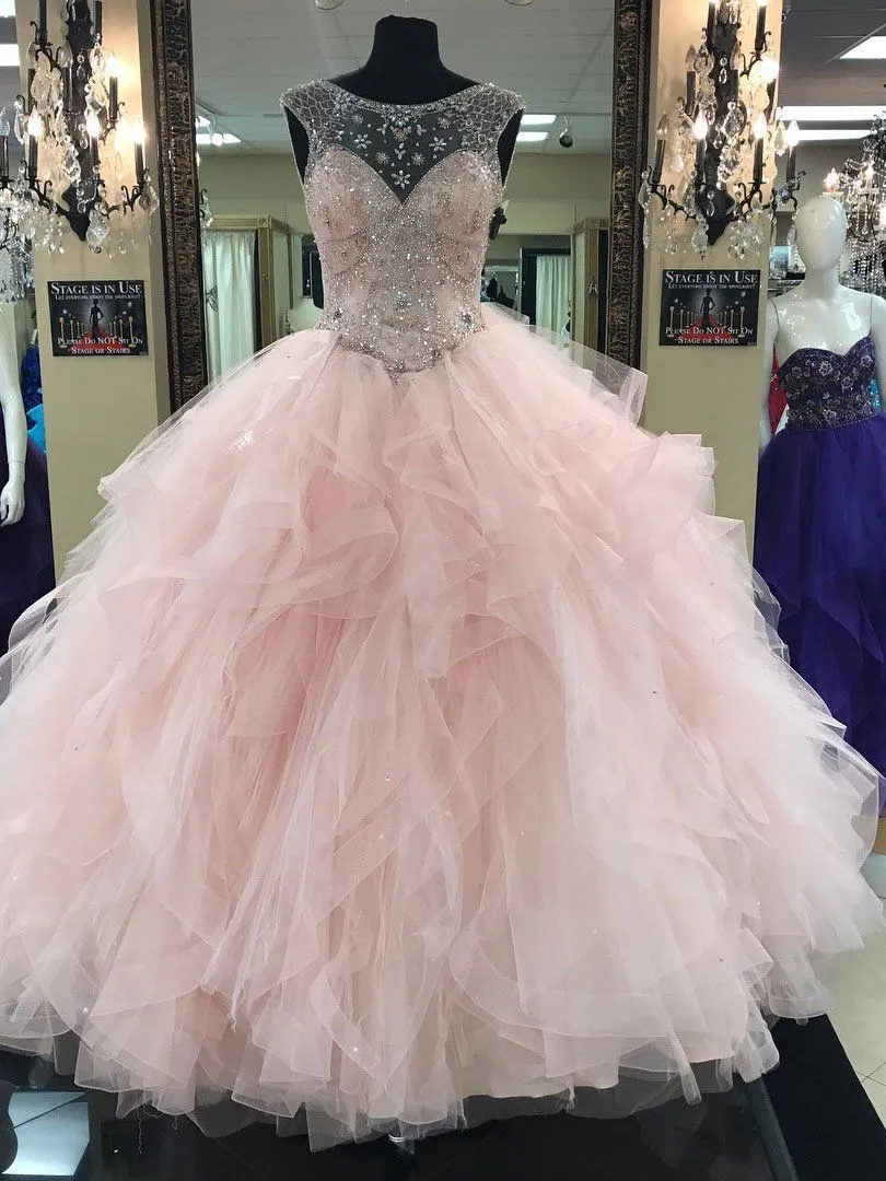 2020 New Crystal Beaded Tulle Ball Gown Quinceanera Klänningar Kristaller i 15 år Söt 16 Plus Storlek Pagant Prom Party Gown QC1043