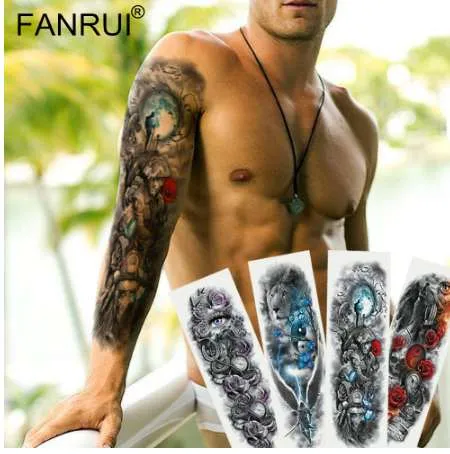 군대 전사 군인 검은 색 임시 문신 스티커 남성을위한 전신 예술 팔 소매 문신 48*17cm 큰 방수 Tatoo Girl