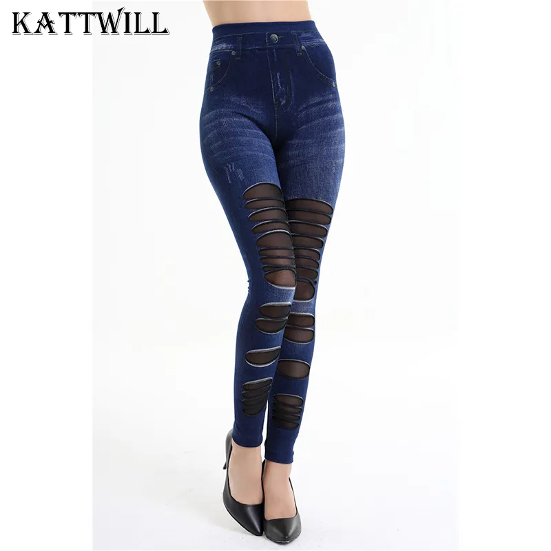 2017 Damskie Legginsy Dżinsy Dla Kobiet Dżinsowe Spodnie z przędzy Splice Fashion Hollow Slim Jeggings Fitness Duży rozmiar Denim Legginsy