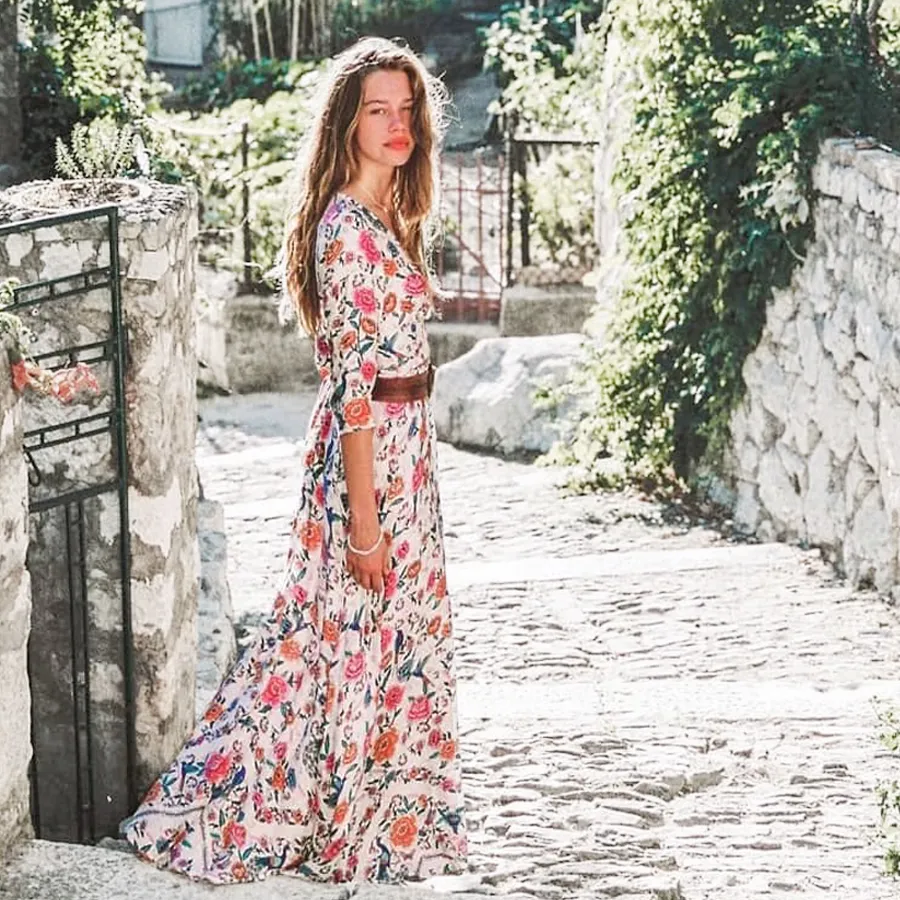 Boho Vestido Largo 2018 Estampado De Flores De Algodón Sexy Con Cuello En V 3/4 Manga Vestido De Abrigo Maxi Vestido De Bohemia Elegante Vestidos De Verano De 22,2 € | DHgate