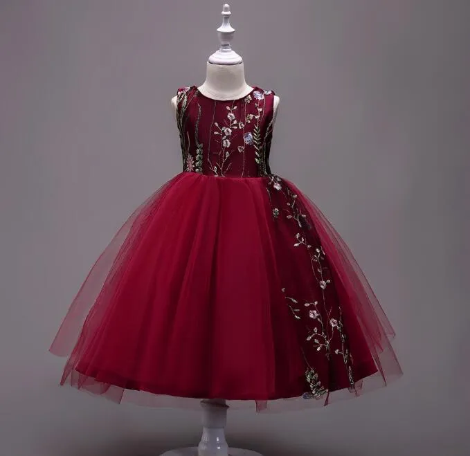 Embroidery Kids Wedding Dresses 4 15 Years Old Flower Girls Formal Ball Gown Prom Dress Black Blue Pink Five Colors