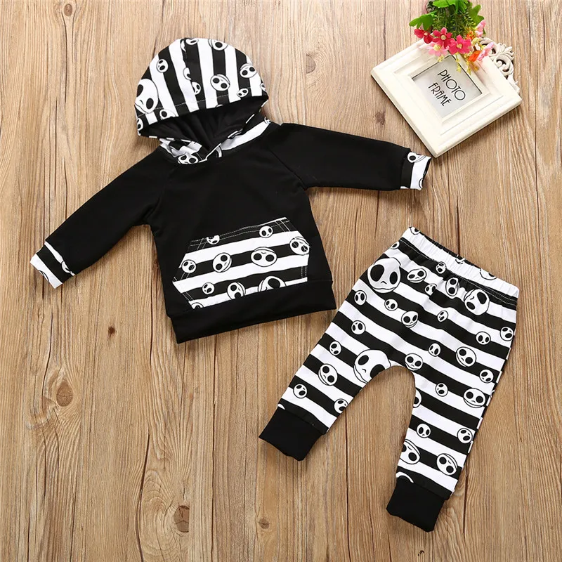 Bebê Menino Roupas de Halloween Da Criança Meninos Roupas Tops Com Capuz Crânio Listrado Calças Meninos Outfits Set Outono Crianças Roupa Dos Miúdos 0-24 M