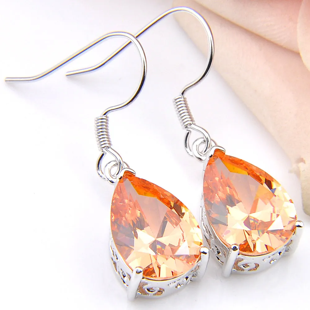 Luckyshine magnifique bijoux goutte d'eau Champagne Morganite boucles d'oreilles 925 argent femme Zircon crochet boucles d'oreilles 266U