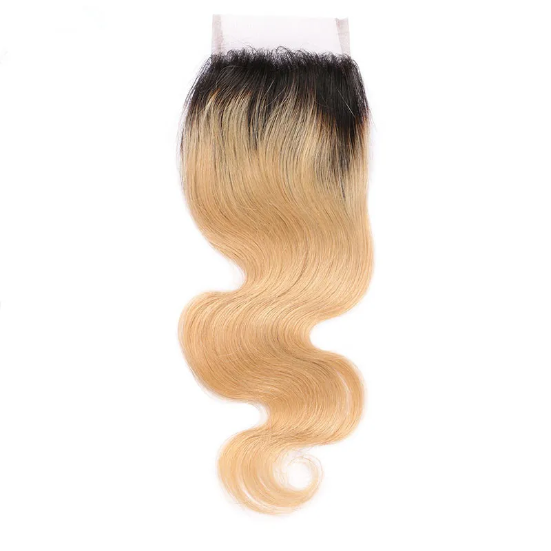 Dark Root Honey Blonde Ombre Virgin Peruvian Human Hair Bundles Deals with Closure Body Wave 1B27 Light Brown Ombre Human Hair We5359582