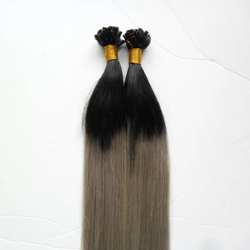T1bgrey grå ombre mänskligt hår spik u tip kapsel mänskligt hårförlängning 100 gstrands silver före bundna hårförlängningar9909891