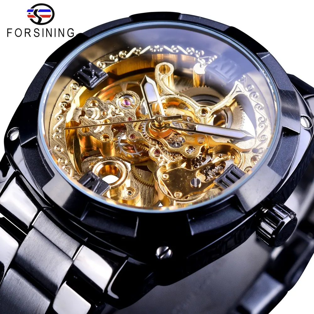 Forsining Retro Classic Royal Design Golden Skeleton Black Steel Transparente Mens Relojes mecánicos automáticos Top Brand Luxury