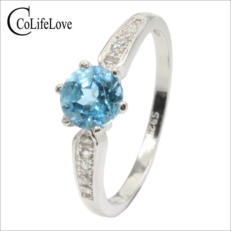 Bague de fiançailles en topaze bleu clair VVS 6 mm brillant rond topaze naturelle bague en argent sterling topaze bijoux cadeau romantique