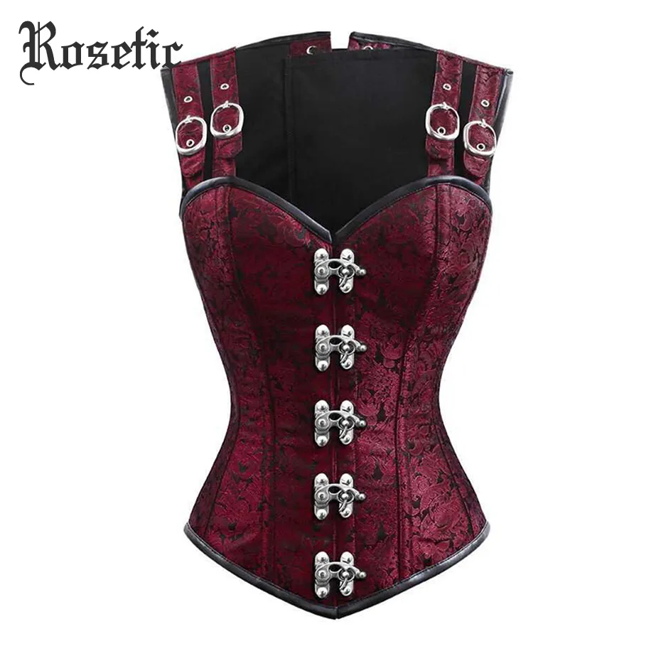 Corsetto medievale vintage gotico rosato Bustier Stampa floreale Patchwork in pizzo Rivetto Benda sottile Corsetto sexy retro pull-up con lacci