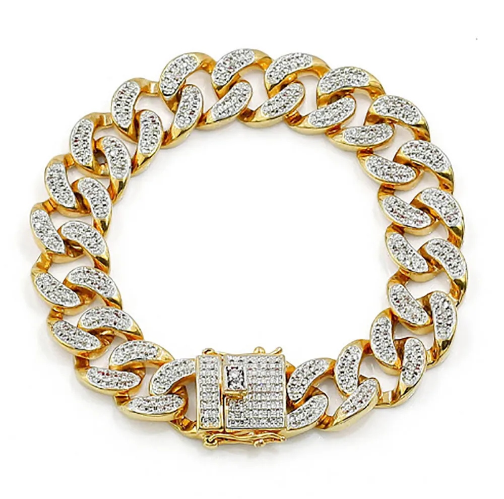 Bracciali uomo di lusso 14MM 20CM Hip Hop Cubic Zirconia Diamonds Miami Cuban Link Chain Bracciale 18K Oro argento placcato Decorazione gioielli