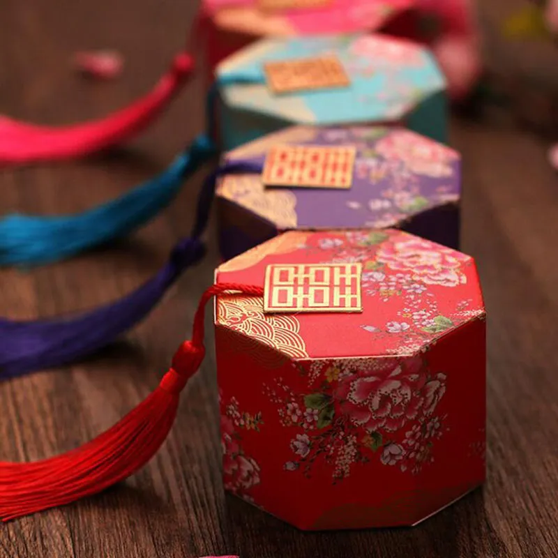 Double Happiness Vintage Chinese Style Paper Unique Sweetbox Wedding Favors Gifts Holders Sugar Candy Box