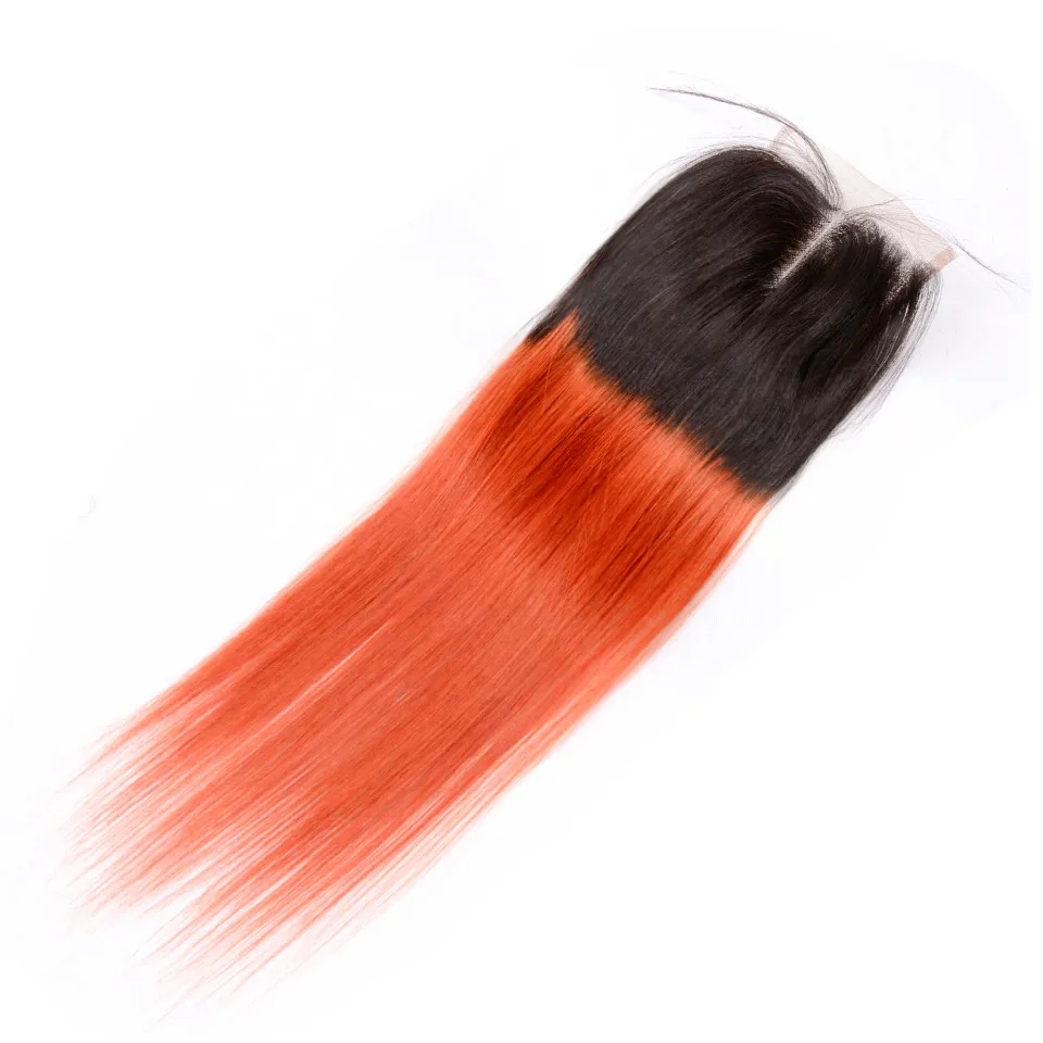 Tissages de cheveux péruviens vierges deux tons # 1B / Orange Ombre avec fermeture en dentelle 4x4 Racine foncée Ombre Orange Vierge Tissages de cheveux péruviens avec fermeture