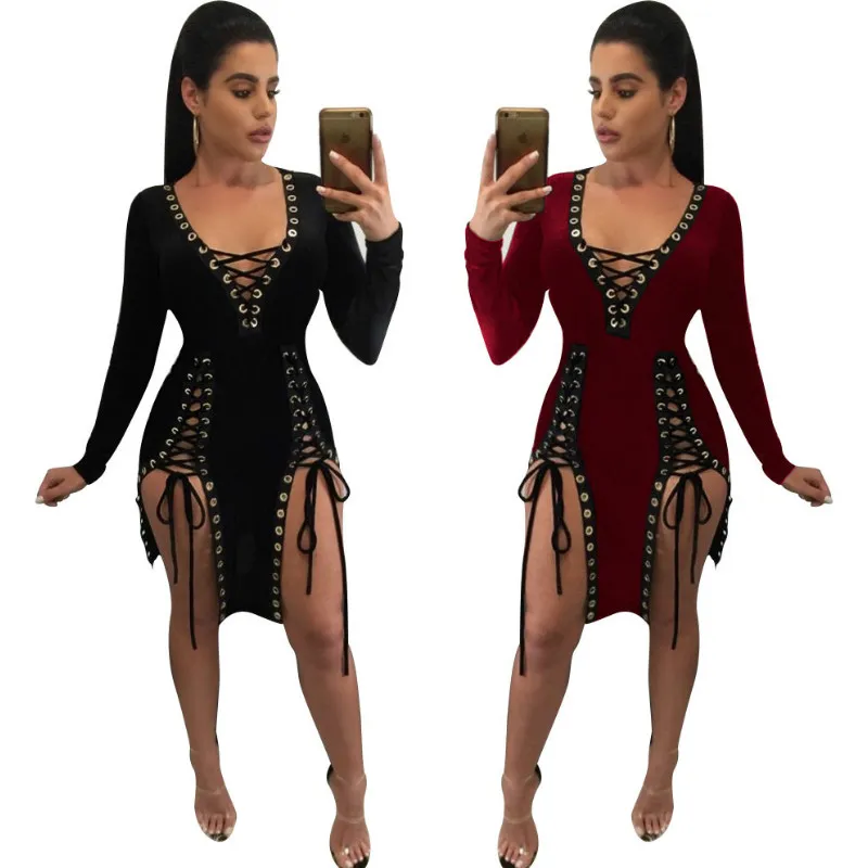 Mulheres Sexy Ladies Profundo Decote Em V Vestido New Criss-cross Lace Up Vestido de Manga longa Dividir Noite Sexy Night Club Wear Bodycon Bandage Vestido de Festa