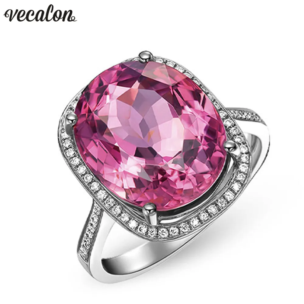 Vecalon Classic Wedding Band Кольцо для женщин Овальные разрезанные 10CT Pink 5a Zircon CZ Белое золото заполнено женские вовлеченные кольца ювелирные изделия