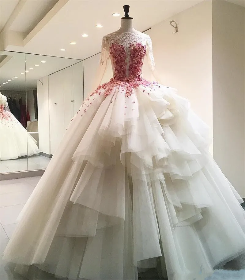 Prom with 2018 3D Floral Appliques Tiered Floor Length Puff Skirt Ball Gowns Evening Dresses Long Sleeves