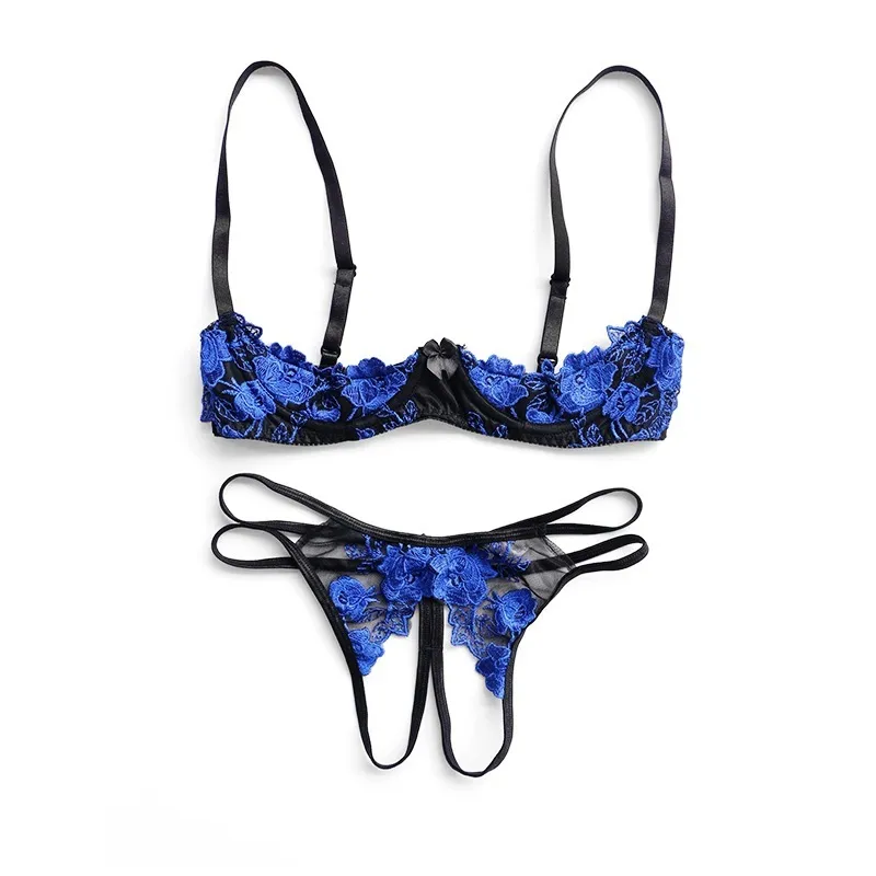 Damen Dessous Unterwäsche Set Spitze Push Up Bügel BH + Offener Schritt  G-String