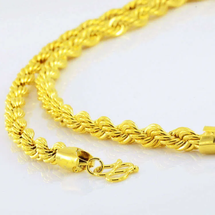 Hip Hop 24 Inches Mens Solid Rope Chain Necklace 18k Yellow Gold Filled Statement Knot Jewelry Gift 7mm Wide186K