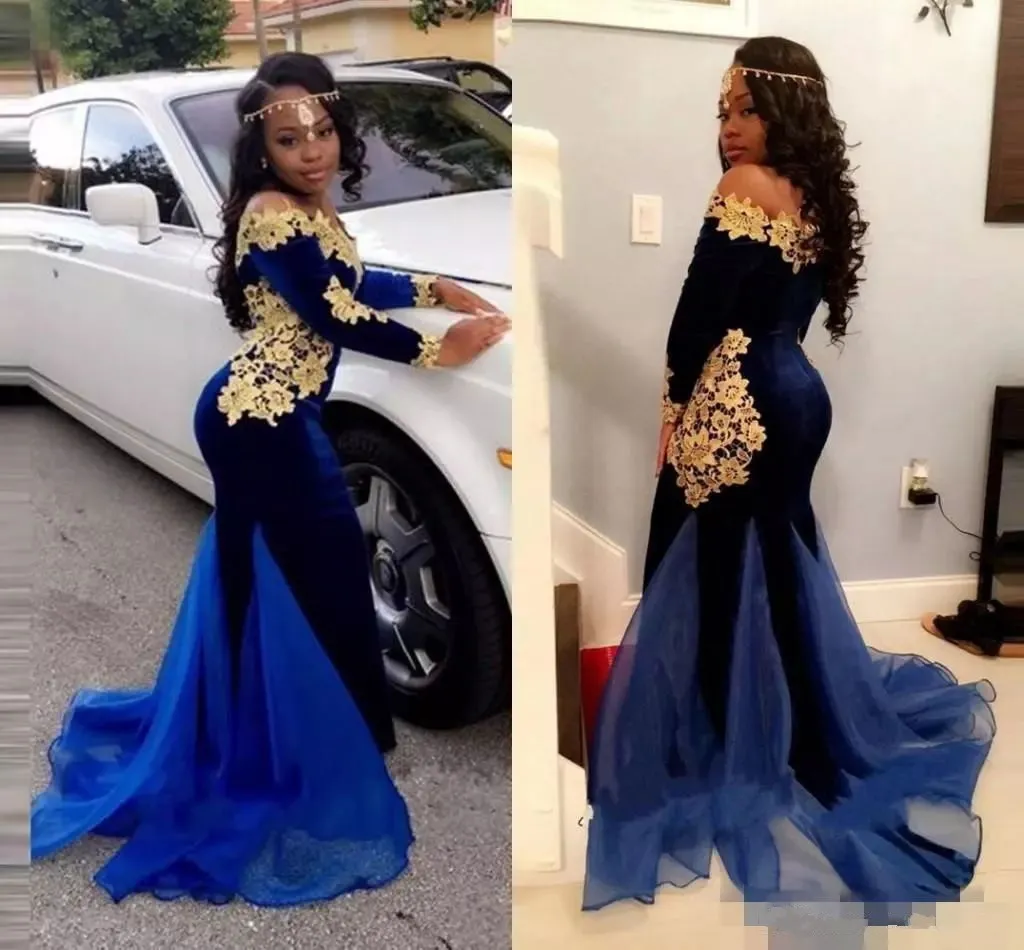 2018 Nieuwe Patroon Lange Mouw Avondjurken Off Schouder Hals Mermaid Royal Blue Velvet met Mooie Gouden Kant Black Girls Prom Dresses