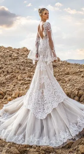 Lian Rokman Mermaid Wedding Dresses 2019 V Neck Backless Wedding Gowns Appliqued Robe de mariee Sweep Train Bridal Dress187A