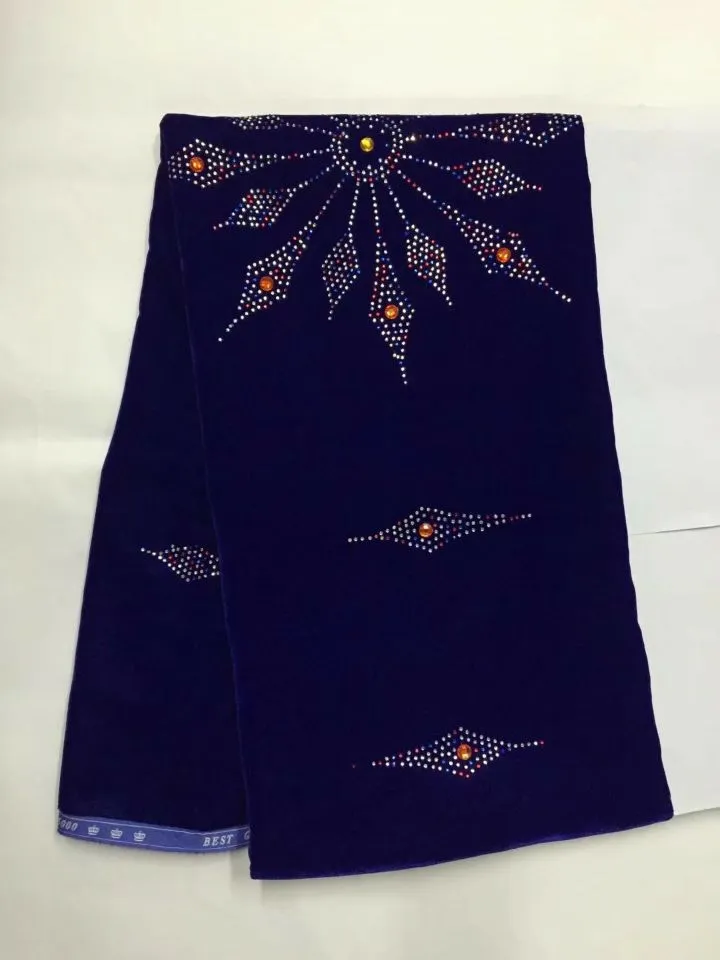 5 jardów PC Modne Royal Blue Velveten Tkaniny Afryki Miękkie Aksamitne Koronki z Rhinestone do opatrunku JV111