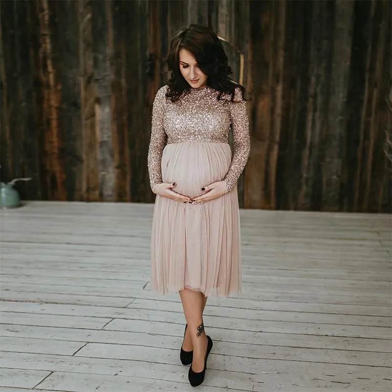Neues Design Langarm Mutterschaft Prom Kleider für schwangere Frauen PECING SHINY Knie Länge Perlen Kurzzeitkleid billig formelle formale 6971267
