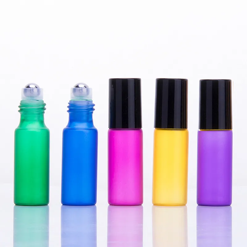 5ML Frosted Colorful Rollon Bottle For Essential Oils Stainless Steel Roller Refillable Perfume Bottle Deodorant Containers with Black Lid